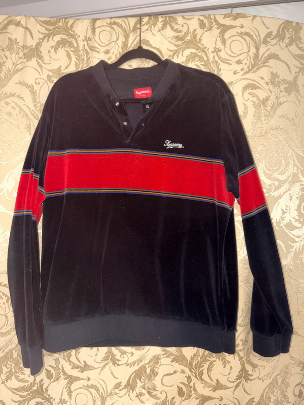Supreme Black Velvet Crewneck Sweater with Red Chest Stripe